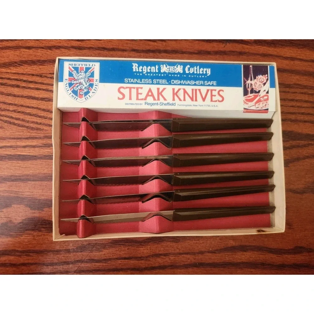 VINTAGE CUTLERY REGENT SHEFFIELD ENGLAND STAINLESS STEAK KNIFE SET IN BOX NOS